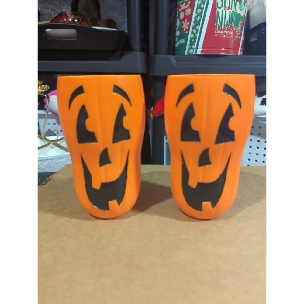 2 Vintage Halloween Pumpkin Blow Mold Plastic Tumbler